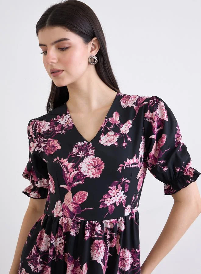 Styli  Styli Black Floral Puff Sleeves Maxi Dress for Women | Best Price UAE