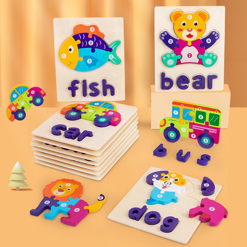 English Wooden Short Vowel Letter Spelling Words Cartoon Animal Three-Dimensional Puzzle Wooden Building Blocks Assembled Toys - Image 3