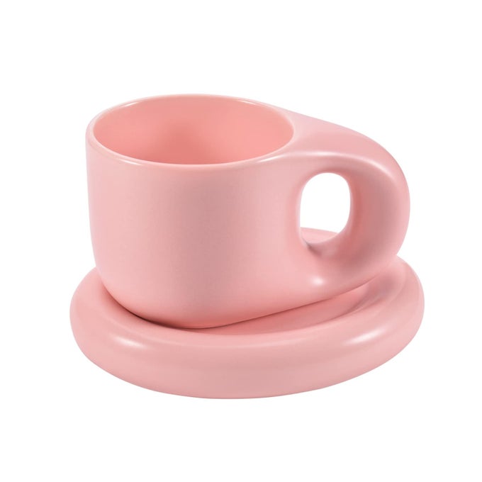 CERAMIC COFFEE CHUBBY MUG SAUCER SET CREATIVE CUTE FAT HANDLE CUP WITH SAUCER FOR OFFICE AND HOME DISHWASHER AND MICROWAVE SAFE 10 OZ FOR LATTE TEA MILK PINK