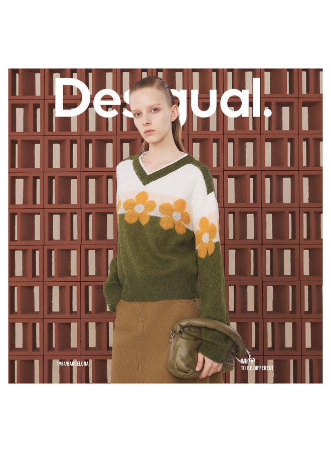DESIGUAL [Spanish Fashion Luxury] Knitted Color-Block Floral Jacquard V-Neck Long Sleeve Women'S Knitwear - Image 4