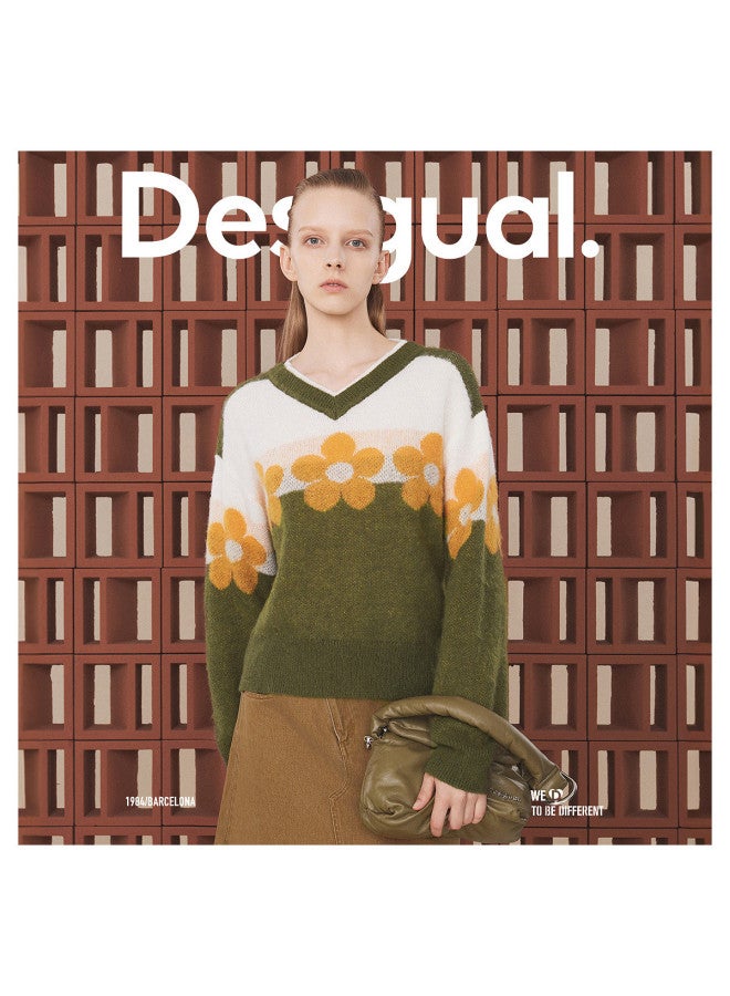 DESIGUAL [Spanish Fashion Luxury] Knitted Color-Block Floral Jacquard V-Neck Long Sleeve Women'S Knitwear - Image 2