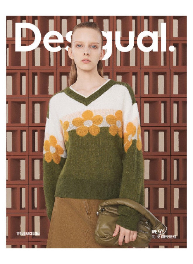 DESIGUAL [Spanish Fashion Luxury] Knitted Color-Block Floral Jacquard V-Neck Long Sleeve Women'S Knitwear - Image 1