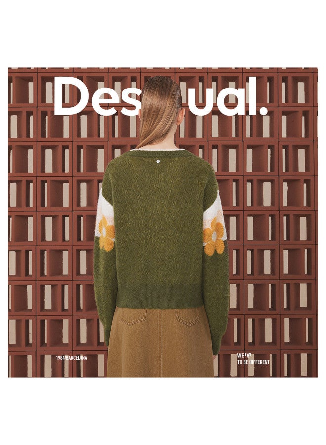 DESIGUAL [Spanish Fashion Luxury] Knitted Color-Block Floral Jacquard V-Neck Long Sleeve Women'S Knitwear - Image 5