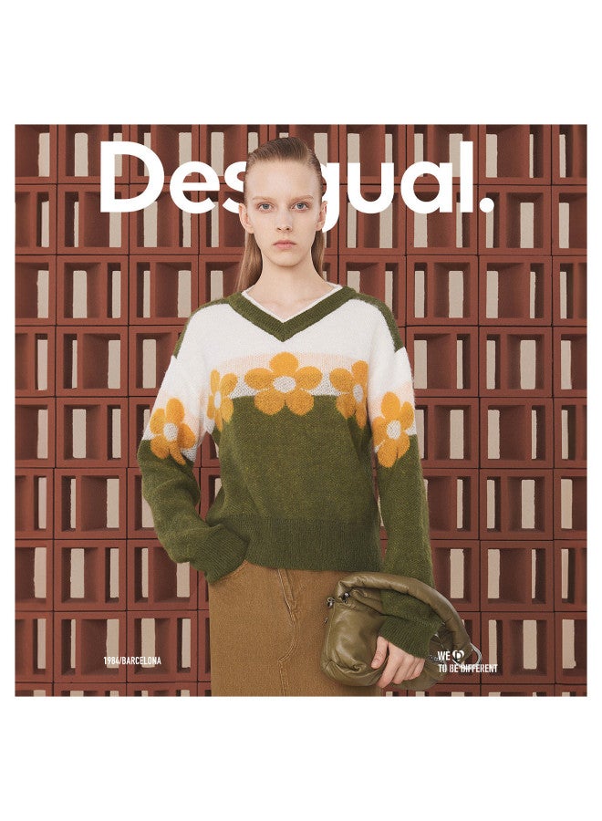 DESIGUAL [Spanish Fashion Luxury] Knitted Color-Block Floral Jacquard V-Neck Long Sleeve Women'S Knitwear - Image 3