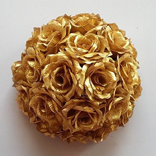 HomeABC 10 Pack 3 inch Artificial Rose Satin Pomander Kissing Balls for Home Wall Wedding Party Ceremony Decoration,Golden - Image 1