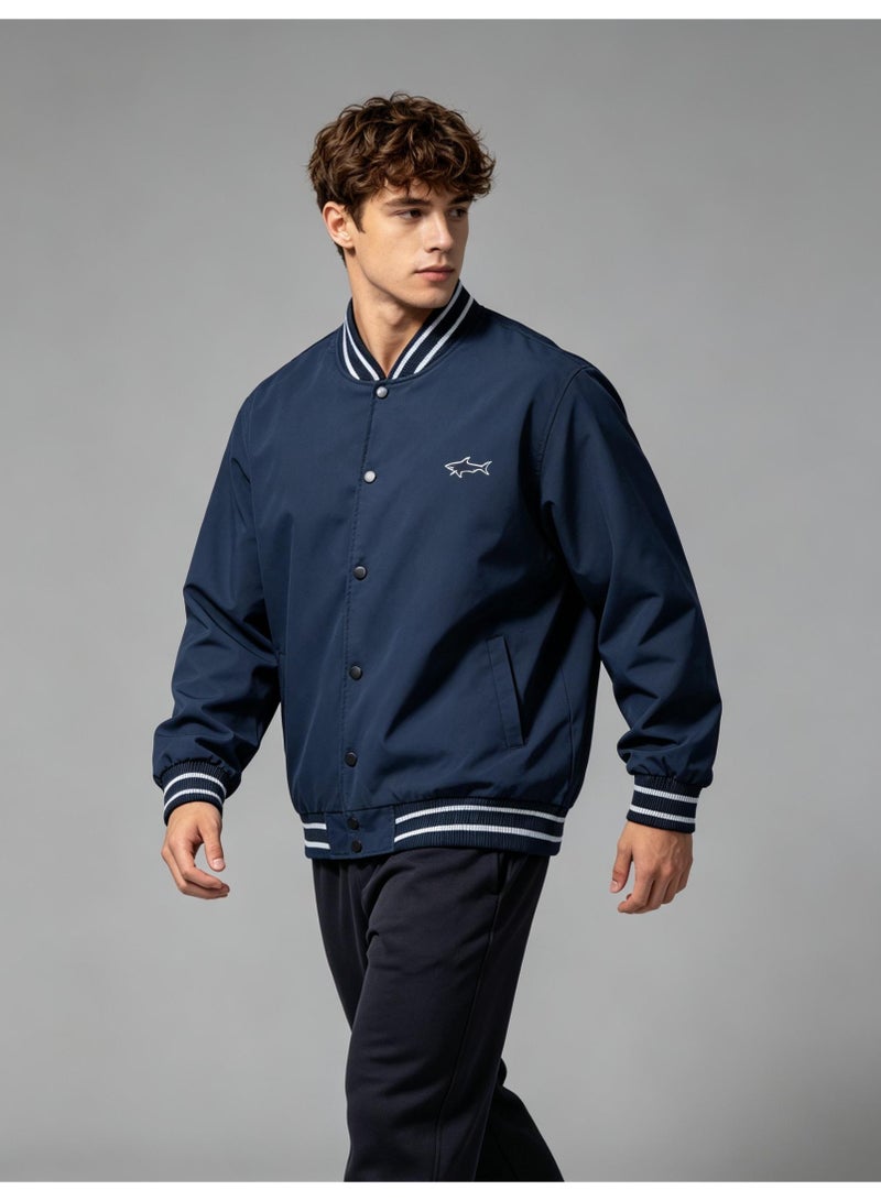 Paul & Shark Unisex Button Varsity Baseball Jacket, Casual Bomber Outerwear, Navy Blue - Image 1