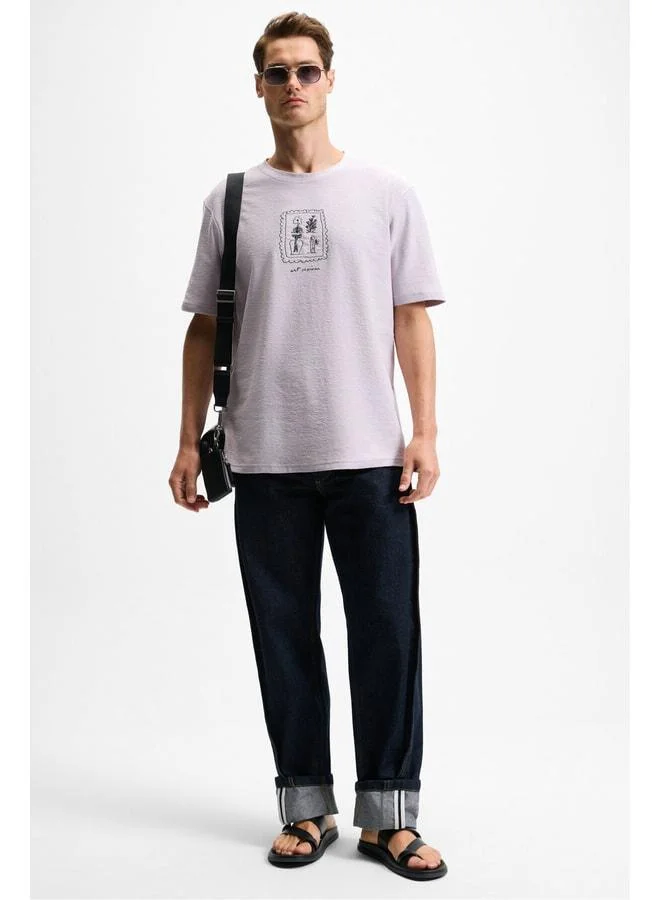 Grimelange DAPPERLY Men's Front Print and Embroidered Detailed Organic Cotton Bike Neck Regular Fit Lilac T-Shirt.