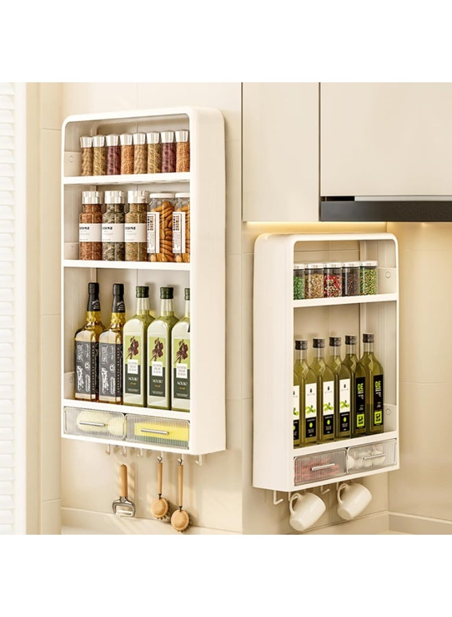 Bukela Spice Rack Kitchen Pantry Organizer and Storage - 3 Tier with Drawers and Hooks Kitchen Shelf for Spice Jars and Seasonings, No Drilling Adhesive Wall Mounted Hanging Home Organization - Image 1