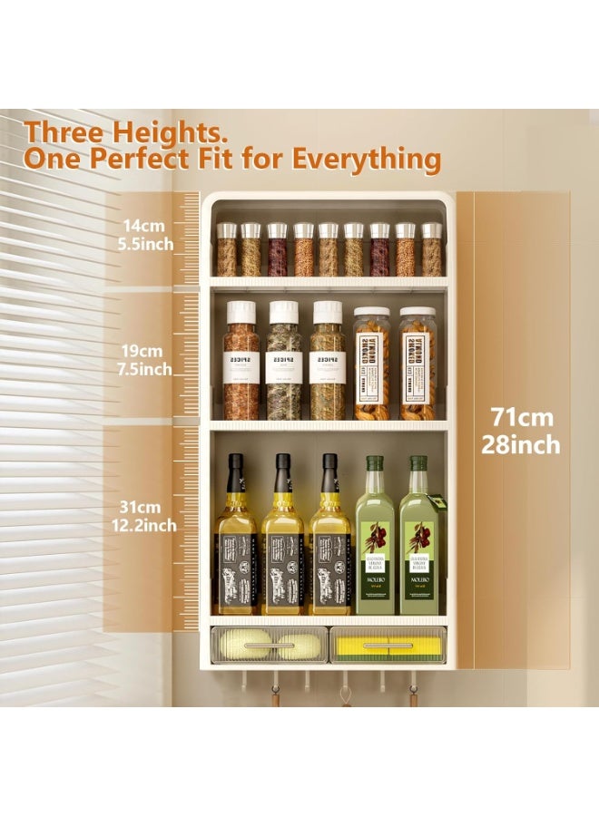 Bukela Spice Rack Kitchen Pantry Organizer and Storage - 3 Tier with Drawers and Hooks Kitchen Shelf for Spice Jars and Seasonings, No Drilling Adhesive Wall Mounted Hanging Home Organization - Image 2