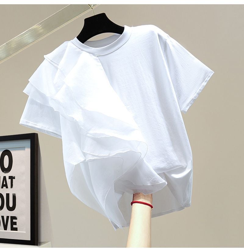 2023 Summer Korean Style Loose Slimming Look Top Asymmetrical Ruffled Pure Color Casual Short-Sleeved T-Shirt Trend - Image 1