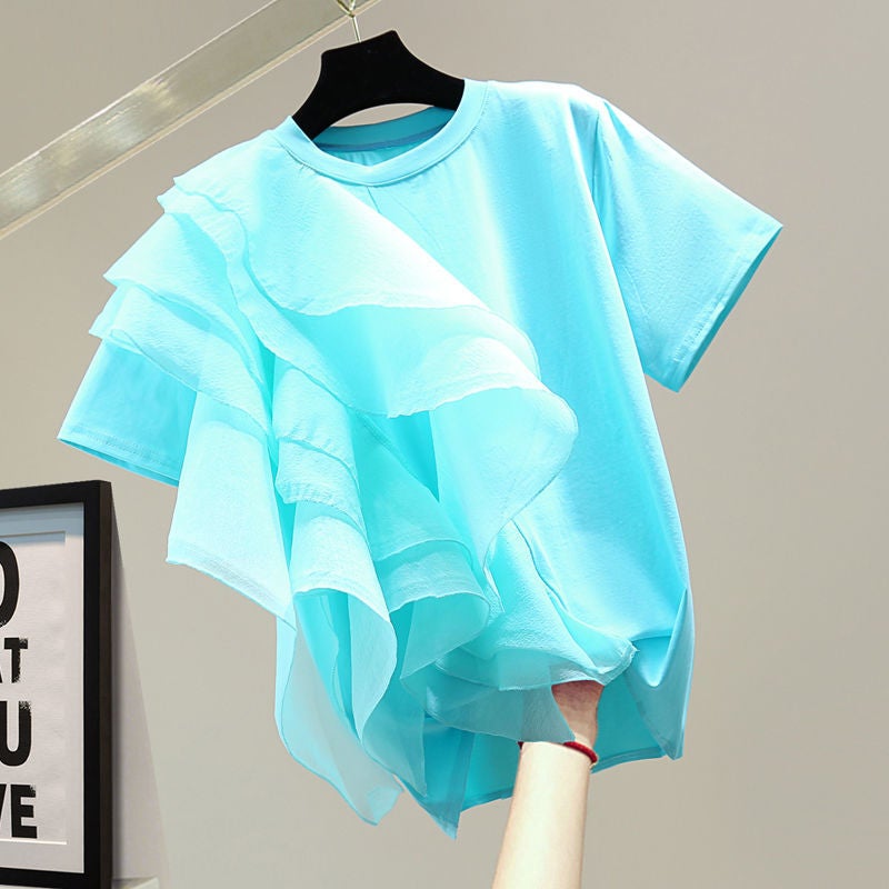 2023 Summer Korean Style Loose Slimming Look Top Asymmetrical Ruffled Pure Color Casual Short-Sleeved T-Shirt Trend - Image 2