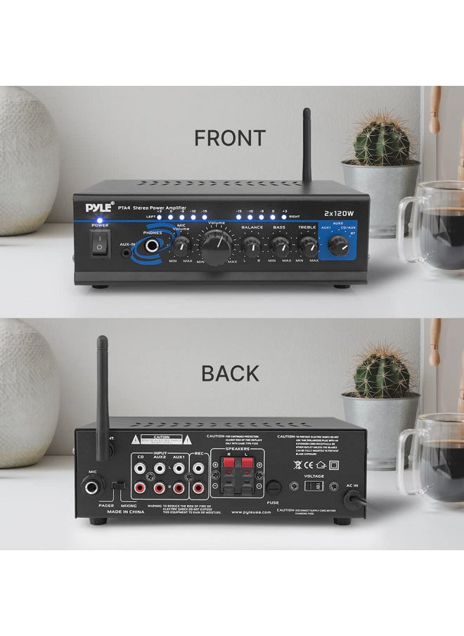 Pyle - Pyle Home Home Audio Power Amplifier System with Bluetooth - 2X120W Mini Dual Channel Mixer Sound Stereo Receiver Box w/ RCA, AUX, Mic Input - For Amplified Speakers, PA, Theater, Studio Use -PTA4 - Image 1