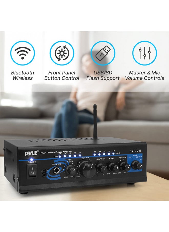 Pyle - Pyle Home Home Audio Power Amplifier System with Bluetooth - 2X120W Mini Dual Channel Mixer Sound Stereo Receiver Box w/ RCA, AUX, Mic Input - For Amplified Speakers, PA, Theater, Studio Use -PTA4 - Image 1