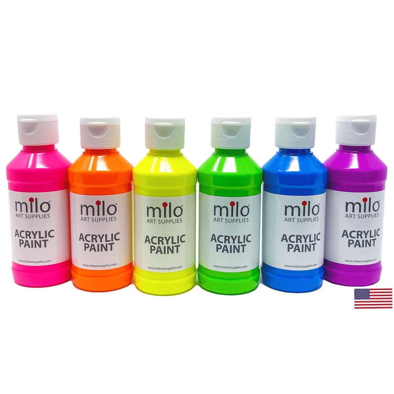 milo Fluorescent Acrylic Paint Set of 6 Colors 4 oz Bottles Student Neon Colors Acrylics Painting Pack Made in the USA NonToxic Art Craft Paints for Artists Kids Hobby Painters
