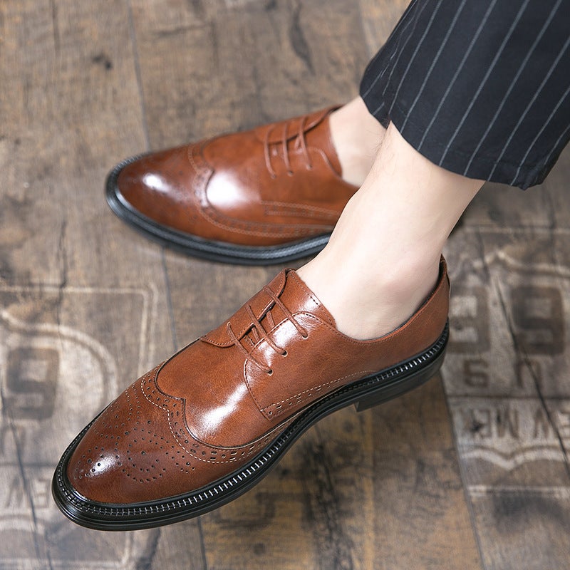 Men'S Leather Shoes Korean Style Trendy Pointed Toe Brogue Shoes Men'S Business Casual Formal Wear British Style Hairstylist Trendy Shoes - Image 4