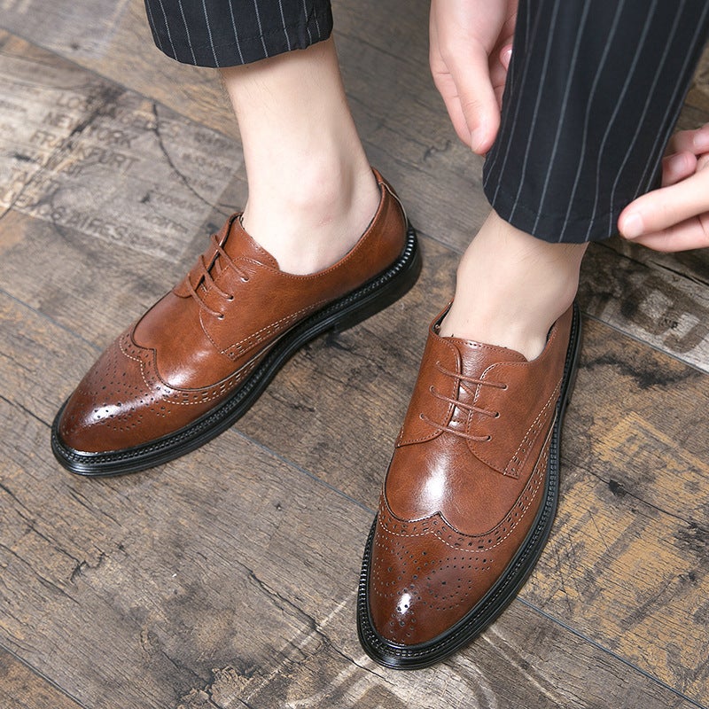 Men'S Leather Shoes Korean Style Trendy Pointed Toe Brogue Shoes Men'S Business Casual Formal Wear British Style Hairstylist Trendy Shoes - Image 3