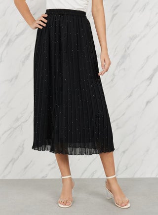 Embellished Pleated Midi Skirt