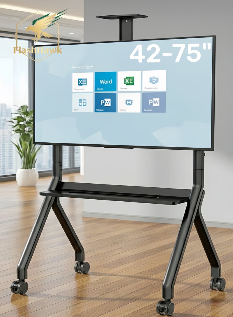فلاشهوك حامل تلفزيون متنقل شديد التحمل مع عجلات لشاشات 42-75 بوصة، عربة تلفزيون دوارة مع رف للوسائط، يدعم السبورات البيضاء التفاعلية، سعة حمولة 80 كجم، مثالي للمكتب والمدرسة والمنزل - Image 1