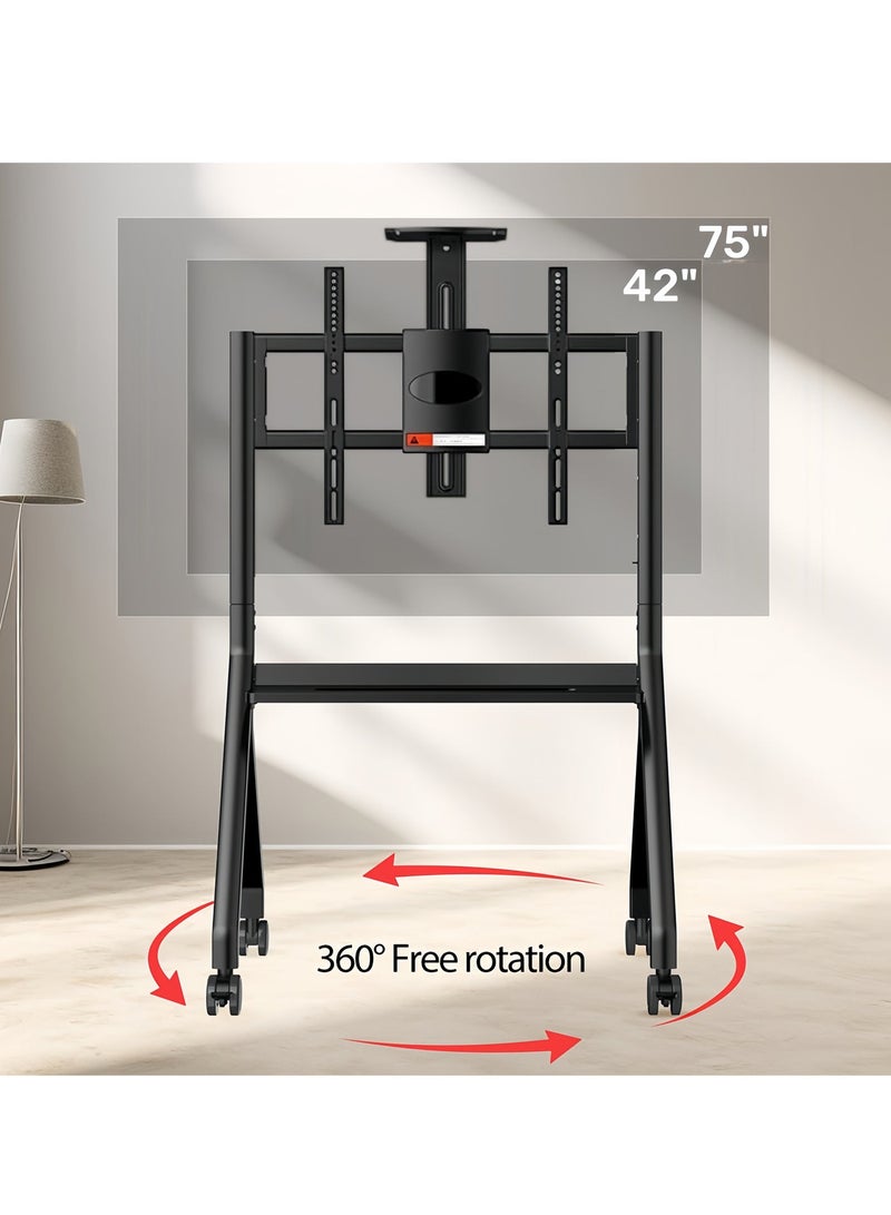 فلاشهوك حامل تلفزيون متنقل شديد التحمل مع عجلات لشاشات 42-75 بوصة، عربة تلفزيون دوارة مع رف للوسائط، يدعم السبورات البيضاء التفاعلية، سعة حمولة 80 كجم، مثالي للمكتب والمدرسة والمنزل - Image 4