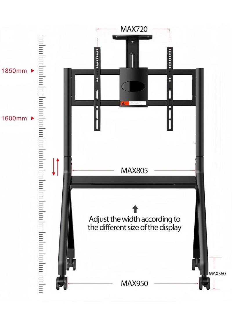 فلاشهوك حامل تلفزيون متنقل شديد التحمل مع عجلات لشاشات 42-75 بوصة، عربة تلفزيون دوارة مع رف للوسائط، يدعم السبورات البيضاء التفاعلية، سعة حمولة 80 كجم، مثالي للمكتب والمدرسة والمنزل - Image 2