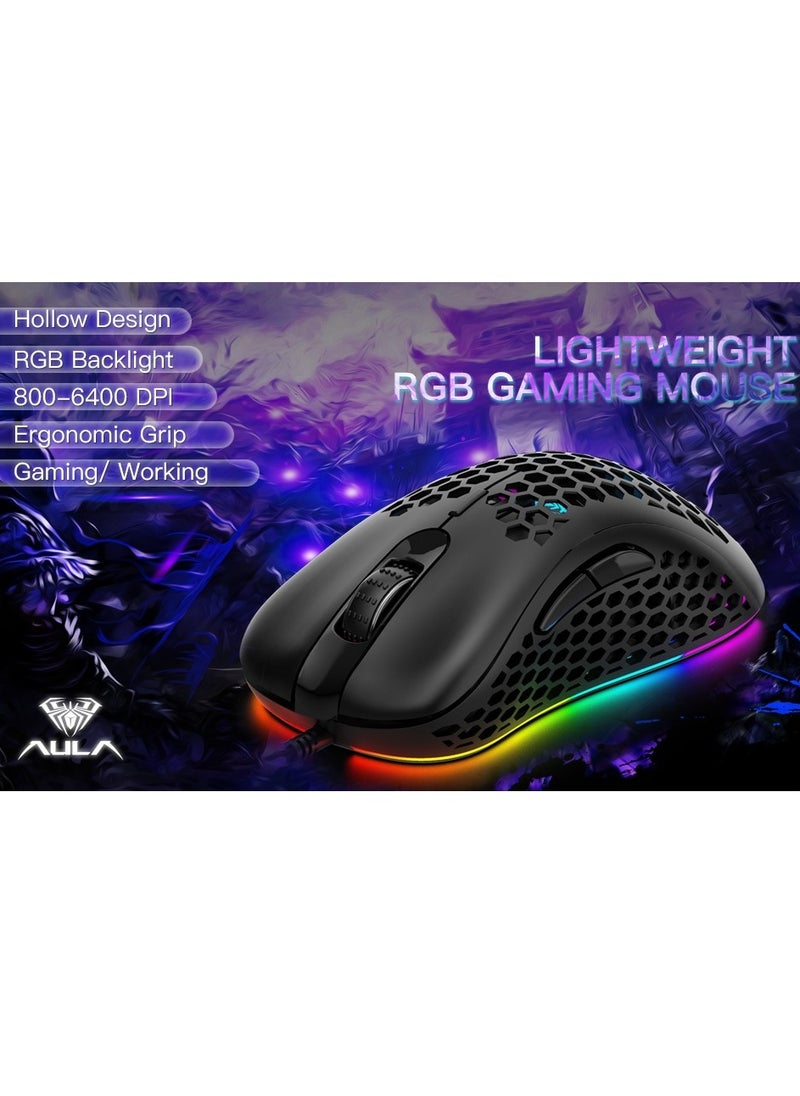 Generic - AULA Wind F810 Gaming Mouse with RGB Backlight - Lightweight Honeycomb Design - Adjustable DPI up to 6400 - Black Color. - Image 1