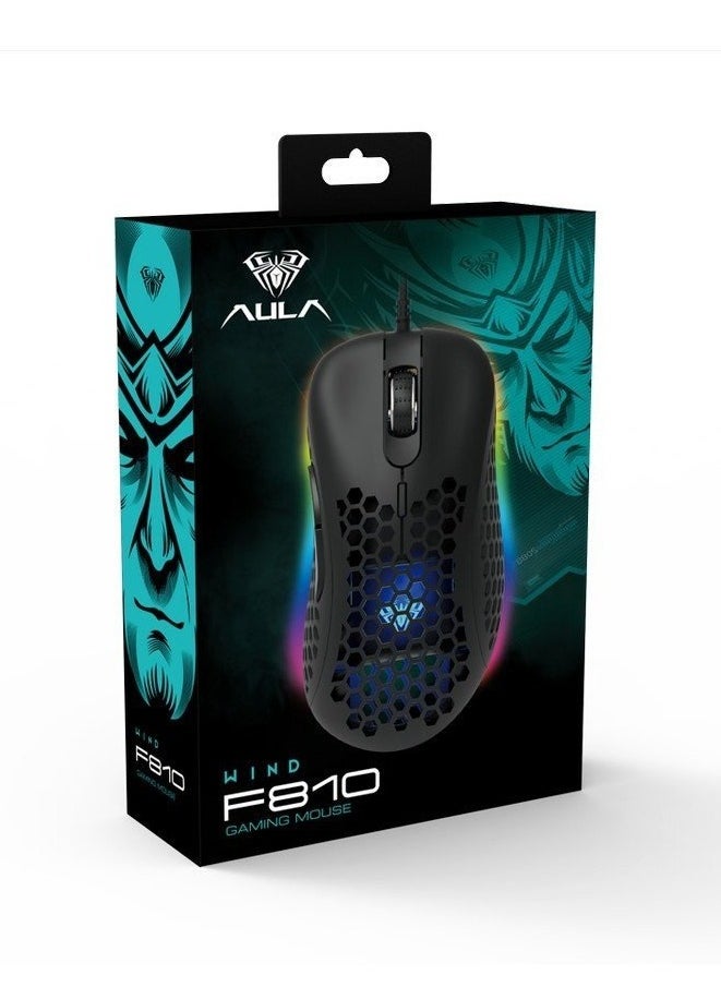 Generic - AULA Wind F810 Gaming Mouse with RGB Backlight - Lightweight Honeycomb Design - Adjustable DPI up to 6400 - Black Color. - Image 1