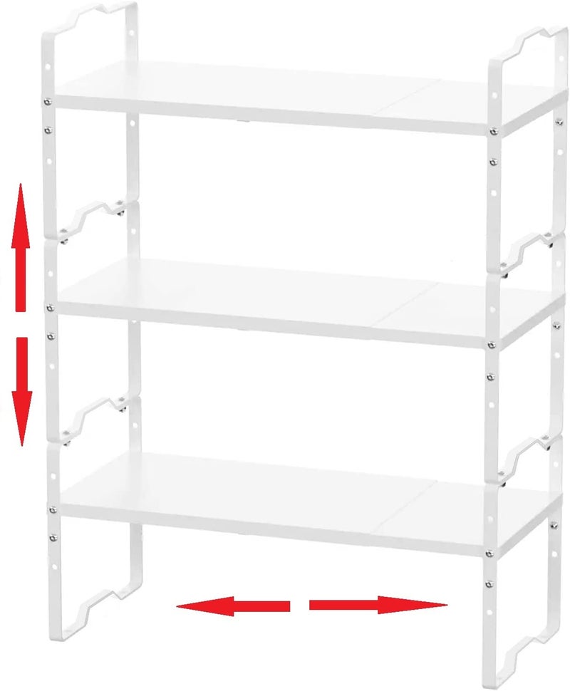 Jojocross Expandable Shelf for Cabinet Organizer Adjustable Stackable Spice Rack at Kitchen and Bathroom More Counter Countertop Cupboard Organization Pantry StorageMEDIUM3PACKSWHITE