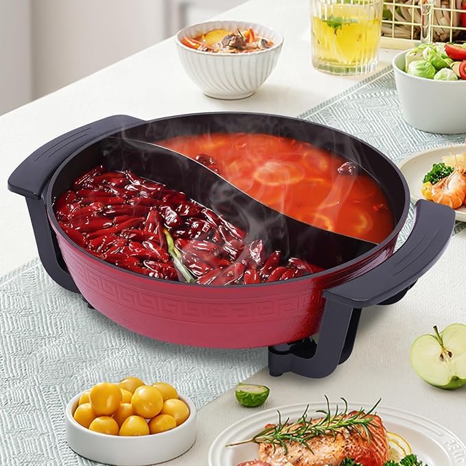 Conziv Conziv Electric Shabu Shabu Hot Pot with Divider Hot Pot Electric Large Hotpot with Glass Lid BBQ Grill for Steaming Boiling Roasting  - Image 2