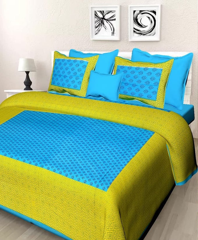 100 COTTON RAJASTHANI JAIPURI TRADITIONAL KING SIZE DOUBLE BED BEDSHEET WITH 2 PILLOW COVERS GREEN JAIPURI BEDSHEET14