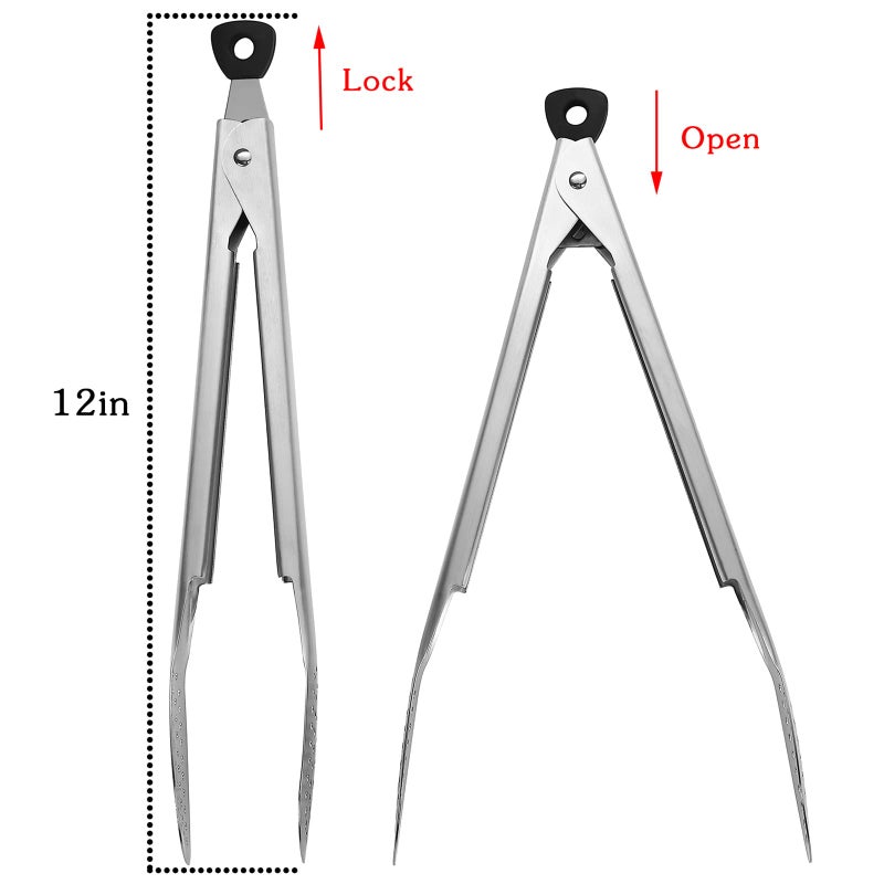 Devico Kitchen Tongs for Cooking, 2-Piece 12 inch 18/8 Stainless Steel Metal BBQ Grill Tongs with Lock - Image 2