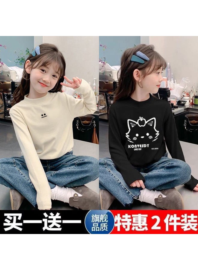 Girls' Double-sided Velvet Long-sleeved T-shirt New Medium And Large Children's Outer Wear Pullover Half Turtleneck Warm Base Layer Shirt