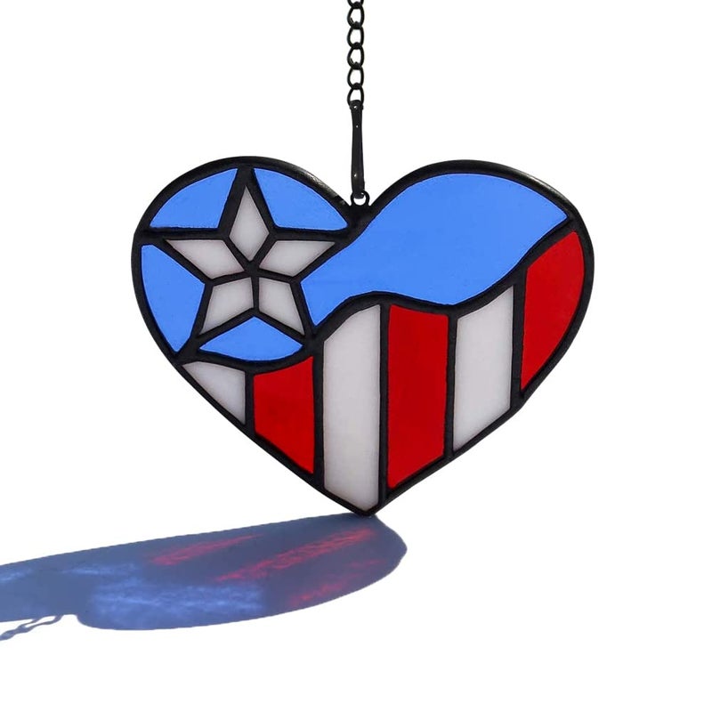 HAOSUM American Flag Heart Ornament Tiffany Style Stained Glass Window Hanging Patriotic Decor Birthday Gift for Veteran Men Father Grandpa Grandma