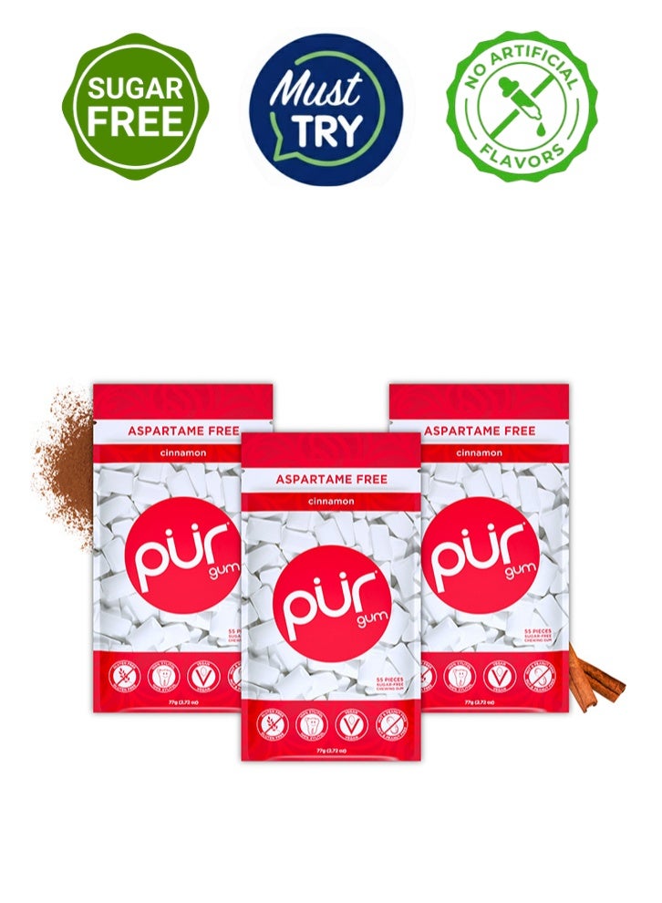 PUR Gum The Company | Sugar-Free + Aspartame-Free Chewing | 100% Xylitol | Cinnamon | Vegan + Non GMO | 55 Pieces per Bag (Pack Of 3, 165 Pieces) - Image 1