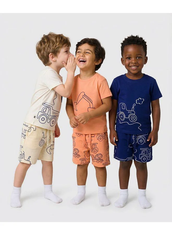 Bonfino Bonfino 100% Cotton Knit Half Sleeves Construction Vehicles Printed T-Shirt & Shorts Night Suit, Pack Of 3 - Multicolor