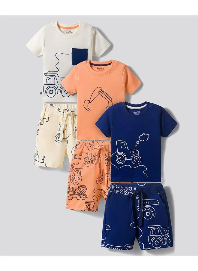 Bonfino Bonfino 100% Cotton Knit Half Sleeves Construction Vehicles Printed T-Shirt & Shorts Night Suit, Pack Of 3 - Multicolor