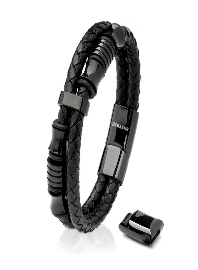 SERASAR 20cm Black Bracelet Men Gift Box Genuine Leather Cowhide Braided Adjust Able Magnetic Clasp Multi Layer Wrap Jewellery Rope Man Mans Male Boy Boys Mens Bracelets Band Jewelry Magnet Accessories - Image 1