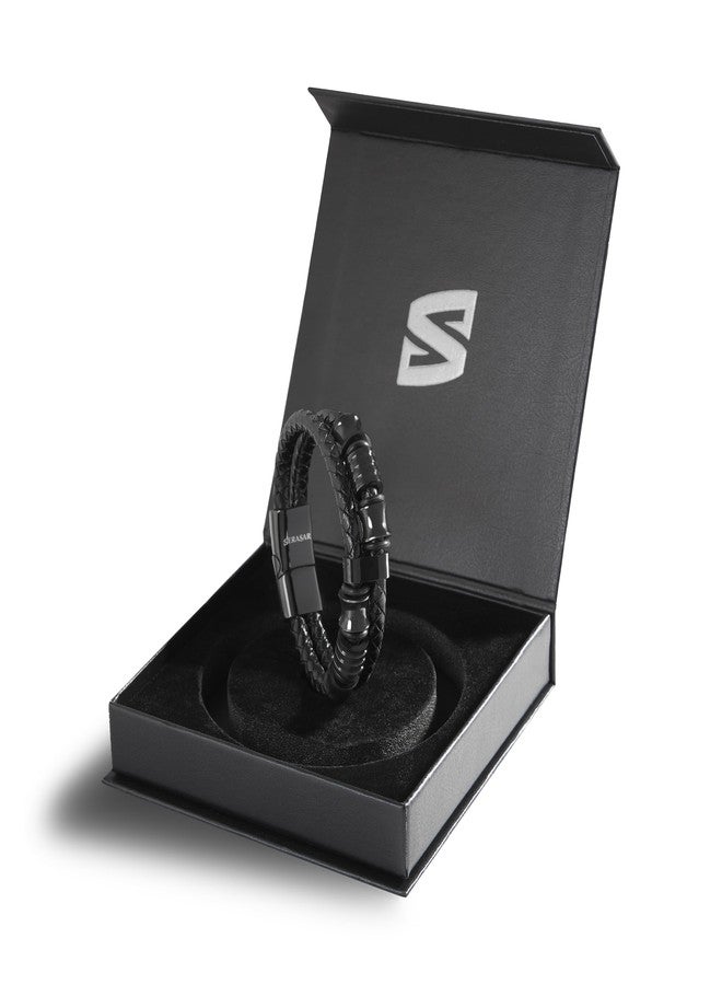 SERASAR 20cm Black Bracelet Men Gift Box Genuine Leather Cowhide Braided Adjust Able Magnetic Clasp Multi Layer Wrap Jewellery Rope Man Mans Male Boy Boys Mens Bracelets Band Jewelry Magnet Accessories - Image 2