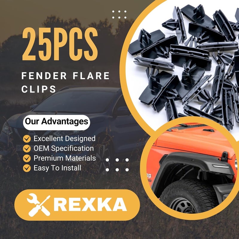 Rexka ريكسكا 25 قطعة مشبك حافة الرفرف والقالب الصخري 68039280-AA متوافق مع جيب رانجلر جي كيه ورانجلر غير محدود جي كيه ورام 4500 ورام 5500 نقل بري وشحن - Image 2