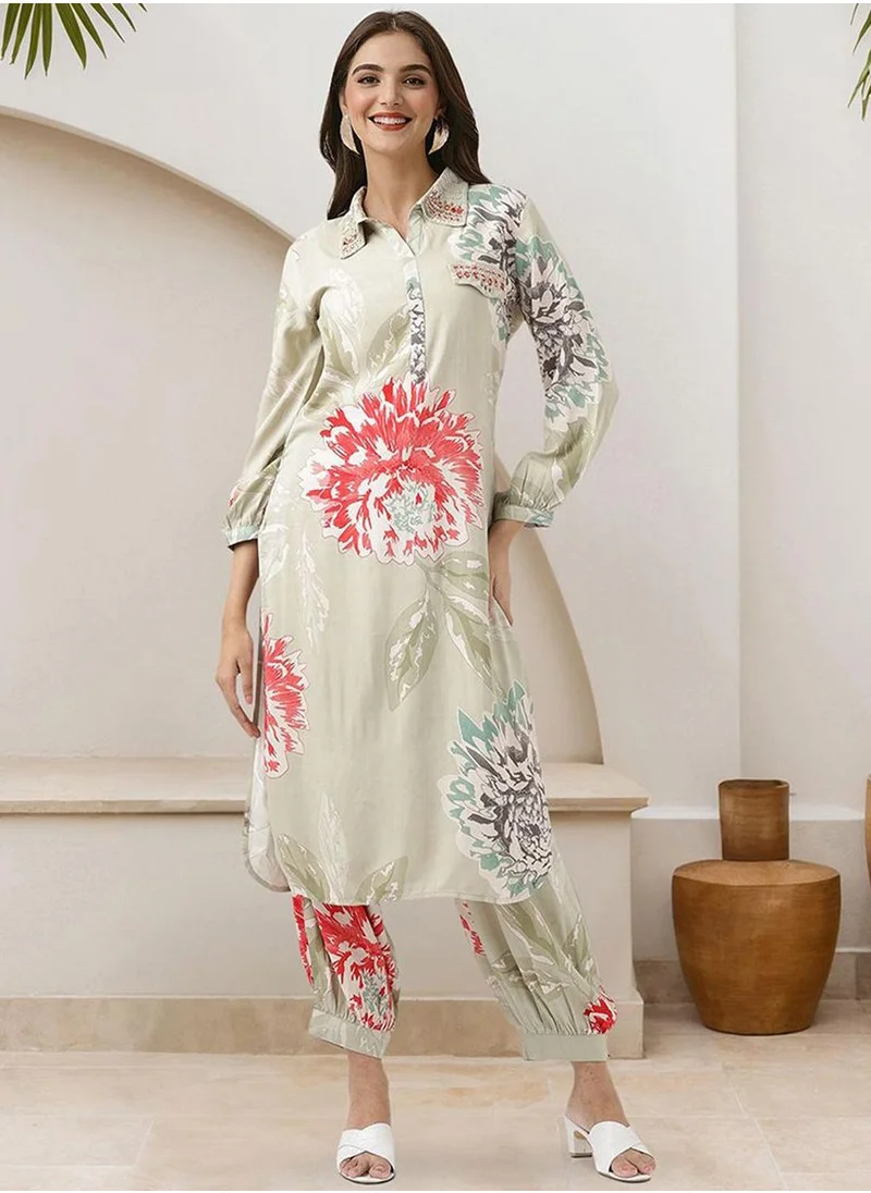 آي شين Women's Green Rayon Printed Tunic Full Length Palazzo Straight Fit Kurta Set