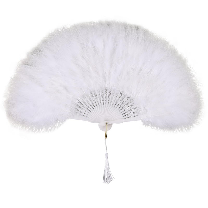 whitefeather Vintage Feather Hand Fan, 17.7 x 11.8 inches,White Marabou Feathers, 1920s Style for Costume Parties, Tea Parties, Wedding Decor (White) - Image 1