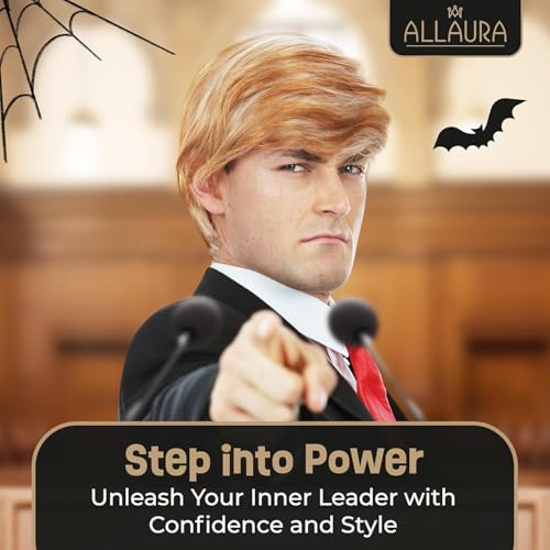 ALLAURA 3pc Donald Costume Kit – Blonde Wig, Red Tie, Flag Pin – Compatible with Pres Donald Wig Halloween Costume for Adults, Couples, Cosplay, Political Events, Parody Outfits, Toupee Wig Look - Image 2
