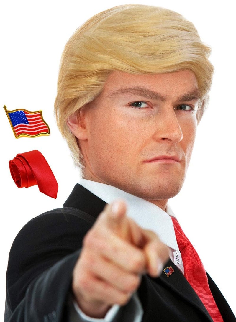 ALLAURA 3pc Donald Costume Kit – Blonde Wig, Red Tie, Flag Pin – Compatible with Pres Donald Wig Halloween Costume for Adults, Couples, Cosplay, Political Events, Parody Outfits, Toupee Wig Look - Image 1
