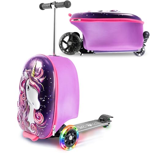KIDDIETOTES Ride-On Scooter Suitcase for Kids – Hardside Lightweight Carry-On Luggage with Foldable Scooter, LED Wheels, Travel Fun for Toddlers & Children - Image 1