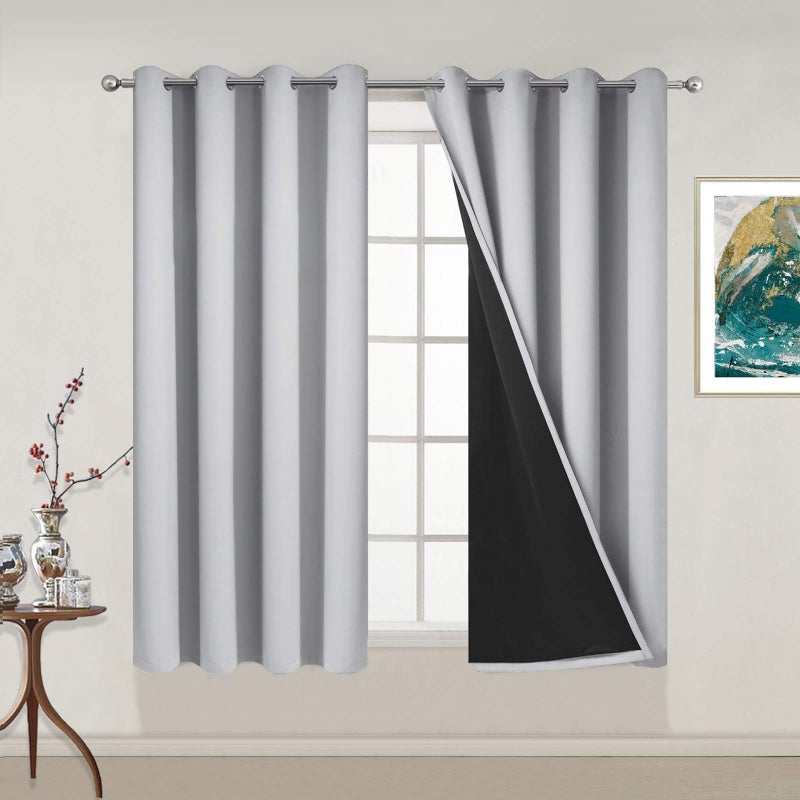 Yakamok 100 Blackout Curtains Energy Saving Thermal Insulated 2 Thick Layers Total Blackout Drapes with Black Liner for Bedroom 52Wx54L Light Grey 2 Panels
