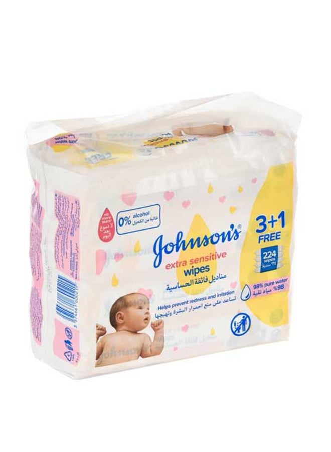 Johnson's Baby Wipes, Gentle All Over, 3+1 Packs Of 56, 224 Total Count - Image 1