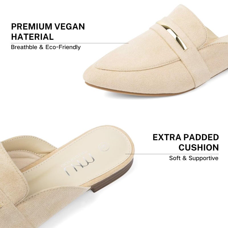MUSSHOE Mules for Woman Pointed Toe Women's Bukle Mule Flat Slip-on Womens Mules Shoes Casual Fashion Party Work,Nude Suede 6 - Image 3