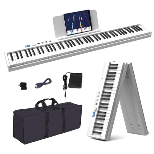 KONIX Folding Piano Keyboard, 88 Key Full Size Semi Weighted Foldable Keyboard Piano, Portable Bluetooth Electric Piano with Sheet Music Stand, Sustain Pedal and Piano Bag, White - Image 1