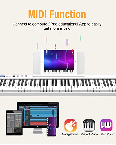 KONIX Folding Piano Keyboard, 88 Key Full Size Semi Weighted Foldable Keyboard Piano, Portable Bluetooth Electric Piano with Sheet Music Stand, Sustain Pedal and Piano Bag, White - Image 2