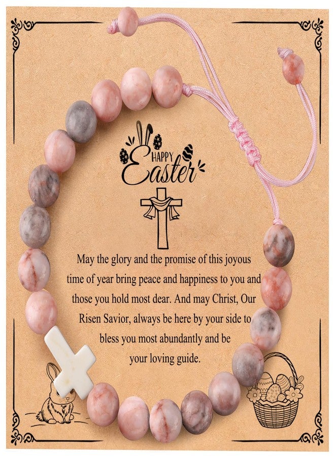BABORI Easter Basket Stuffers Cross Bracelet Christian Religious Gifts Beads Pink Zebra Stone Jewelry - Image 1
