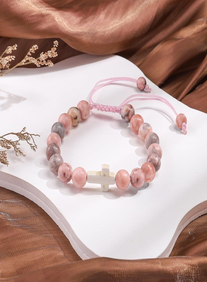 BABORI Easter Basket Stuffers Cross Bracelet Christian Religious Gifts Beads Pink Zebra Stone Jewelry - Image 3